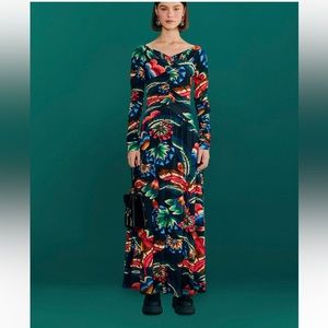 Farm Rio NWT Chevron Forest Black Jersey Dress colorful with long Sleep